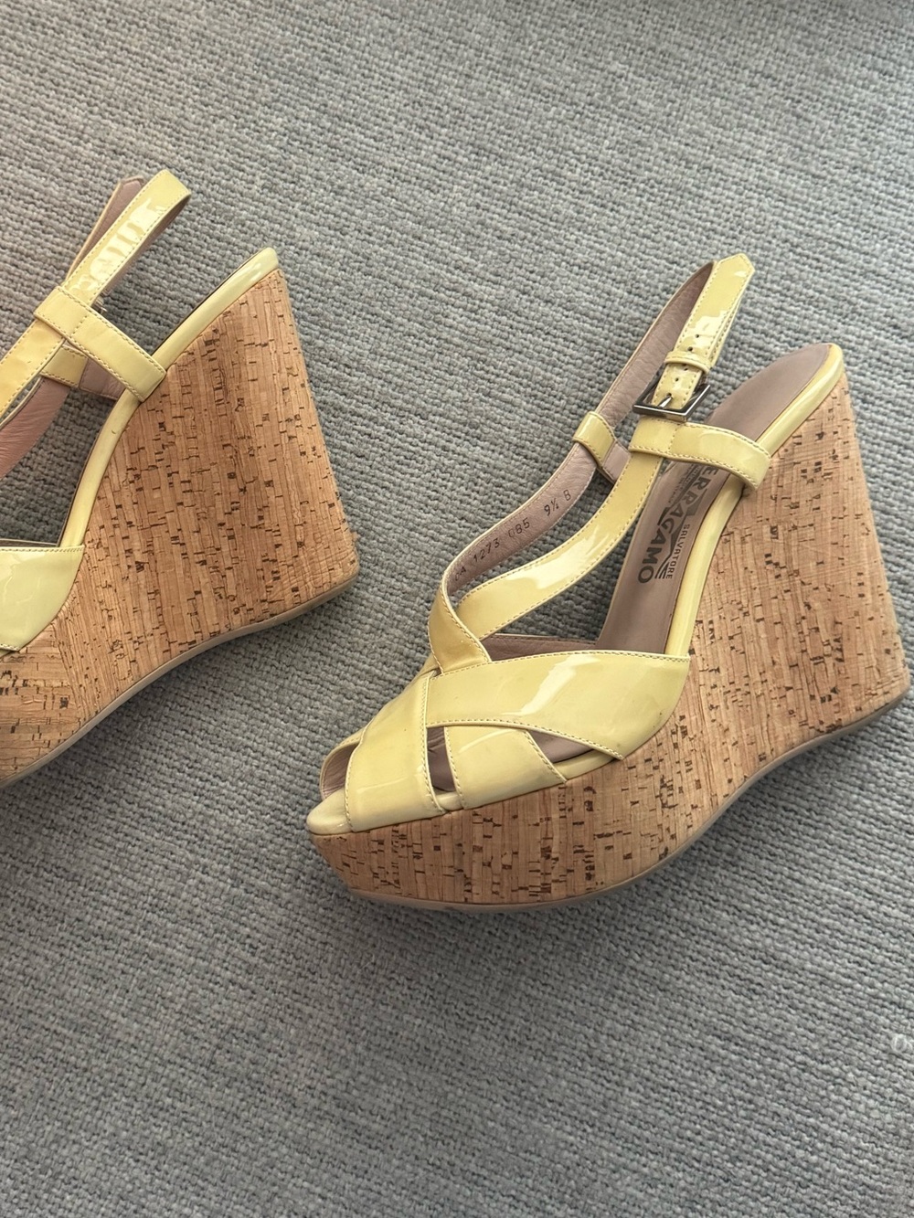 Salvatore Ferragamo Butter Yellow Patent Cork Wedge Sandals